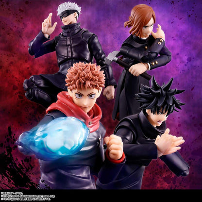 Four animated character figurines against a purple and red background Jujutsu Kaisen S.H.Figuarts Nobara Kugisaki Authentic 13.5cm Articulated Action Figure – Straw Doll Technique Edition scene
