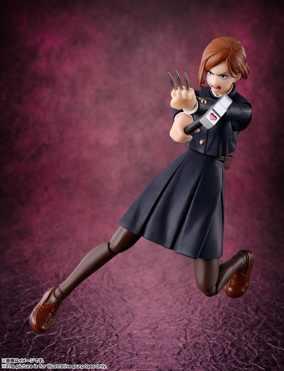 Action figure in a dynamic pose against a purple background Jujutsu Kaisen S.H.Figuarts Nobara Kugisaki Authentic 13.5cm Articulated Action Figure – Straw Doll Technique Edition side