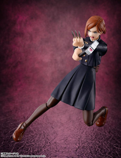 Action figure in a dynamic pose against a purple background Jujutsu Kaisen S.H.Figuarts Nobara Kugisaki Authentic 13.5cm Articulated Action Figure – Straw Doll Technique Edition side
