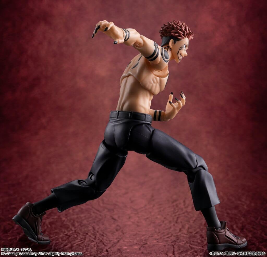 Action figure of a character in dynamic pose against a red background Jujutsu Kaisen S.H.Figuarts Ryomen Sukuna Authentic 15cm Articulated Action Figure – King of Curses Edition
