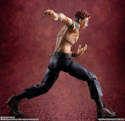Action figure of a character in dynamic pose against a red background Jujutsu Kaisen S.H.Figuarts Ryomen Sukuna Authentic 15cm Articulated Action Figure – King of Curses Edition