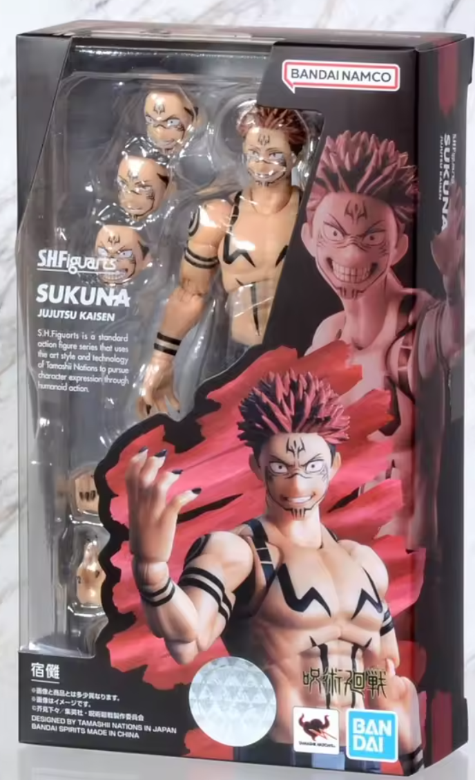 Action figure packaging with Bandai Namco branding on a white background Jujutsu Kaisen S.H.Figuarts Ryomen Sukuna Authentic 15cm Articulated Action Figure – King of Curses Edition box