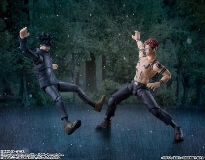 Two action figures in a dynamic pose against a dark forest background Jujutsu Kaisen S.H.Figuarts Ryomen Sukuna Authentic 15cm Articulated Action Figure – King of Curses Edition fight