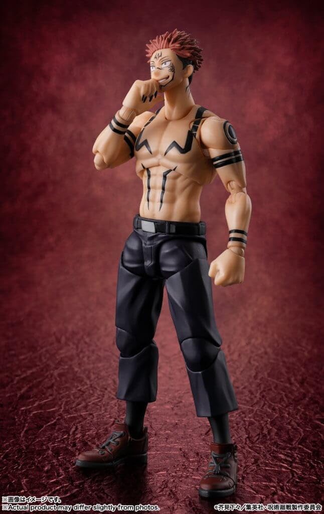Action figure with a stylized design on a textured red background Jujutsu Kaisen S.H.Figuarts Ryomen Sukuna Authentic 15cm Articulated Action Figure – King of Curses Edition 