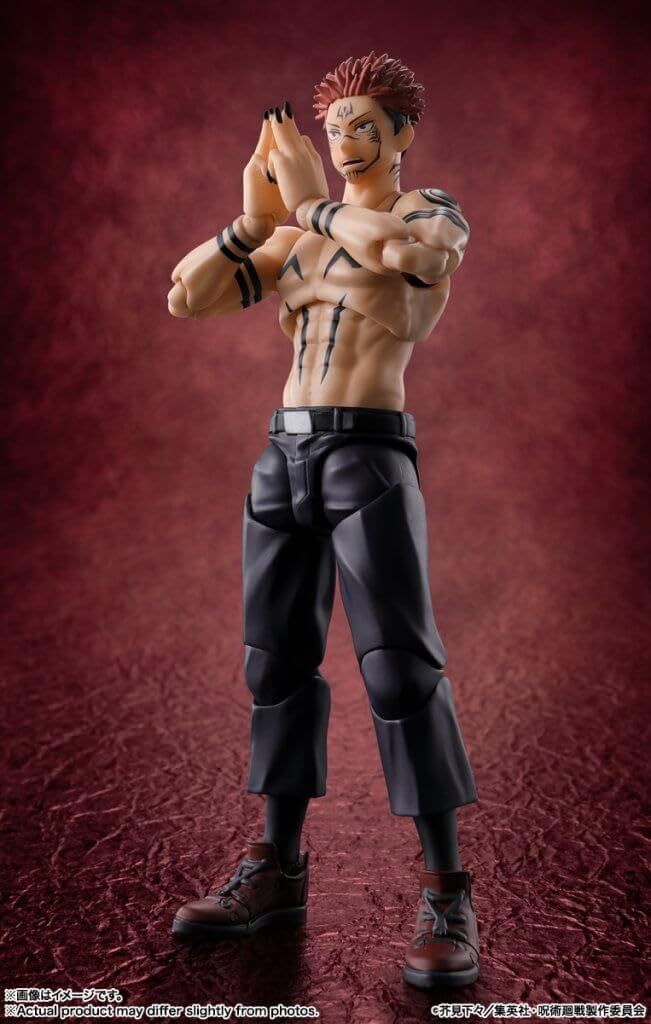 Action figure of a muscular character with tribal tattoos on a red background Jujutsu Kaisen S.H.Figuarts Ryomen Sukuna Authentic 15cm Articulated Action Figure – King of Curses Edition