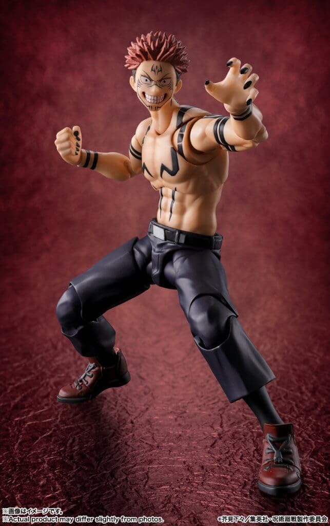 Action figure in a dynamic pose against a red background Jujutsu Kaisen S.H.Figuarts Ryomen Sukuna Authentic 15cm Articulated Action Figure – King of Curses Edition