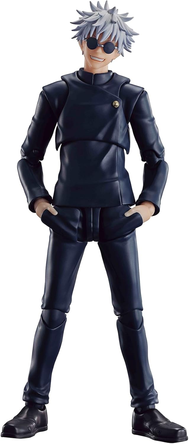 Action figure in a black outfit with gray hair and sunglasses on a white background Jujutsu Kaisen S.H.Figuarts Satoru Gojo Authentic 16cm Articulated Action Figure – Tokyo Jujutsu High School Edition