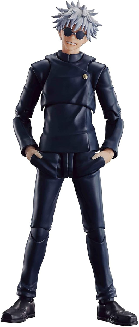 Action figure in a black outfit with gray hair and sunglasses on a white background Jujutsu Kaisen S.H.Figuarts Satoru Gojo Authentic 16cm Articulated Action Figure – Tokyo Jujutsu High School Edition