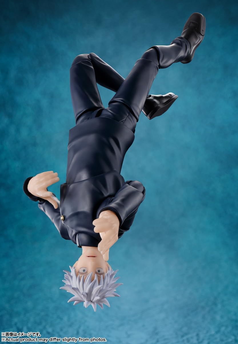 Action figure of a character in a dynamic pose against a blue background Jujutsu Kaisen S.H.Figuarts Satoru Gojo Authentic 16cm Articulated Action Figure – Tokyo Jujutsu High School Edition