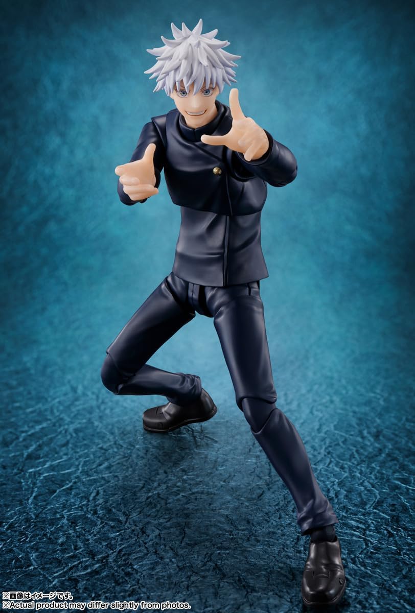 Action figure with white hair and black outfit on a blue textured background Jujutsu Kaisen S.H.Figuarts Satoru Gojo Authentic 16cm Articulated Action Figure – Tokyo Jujutsu High School Edition
