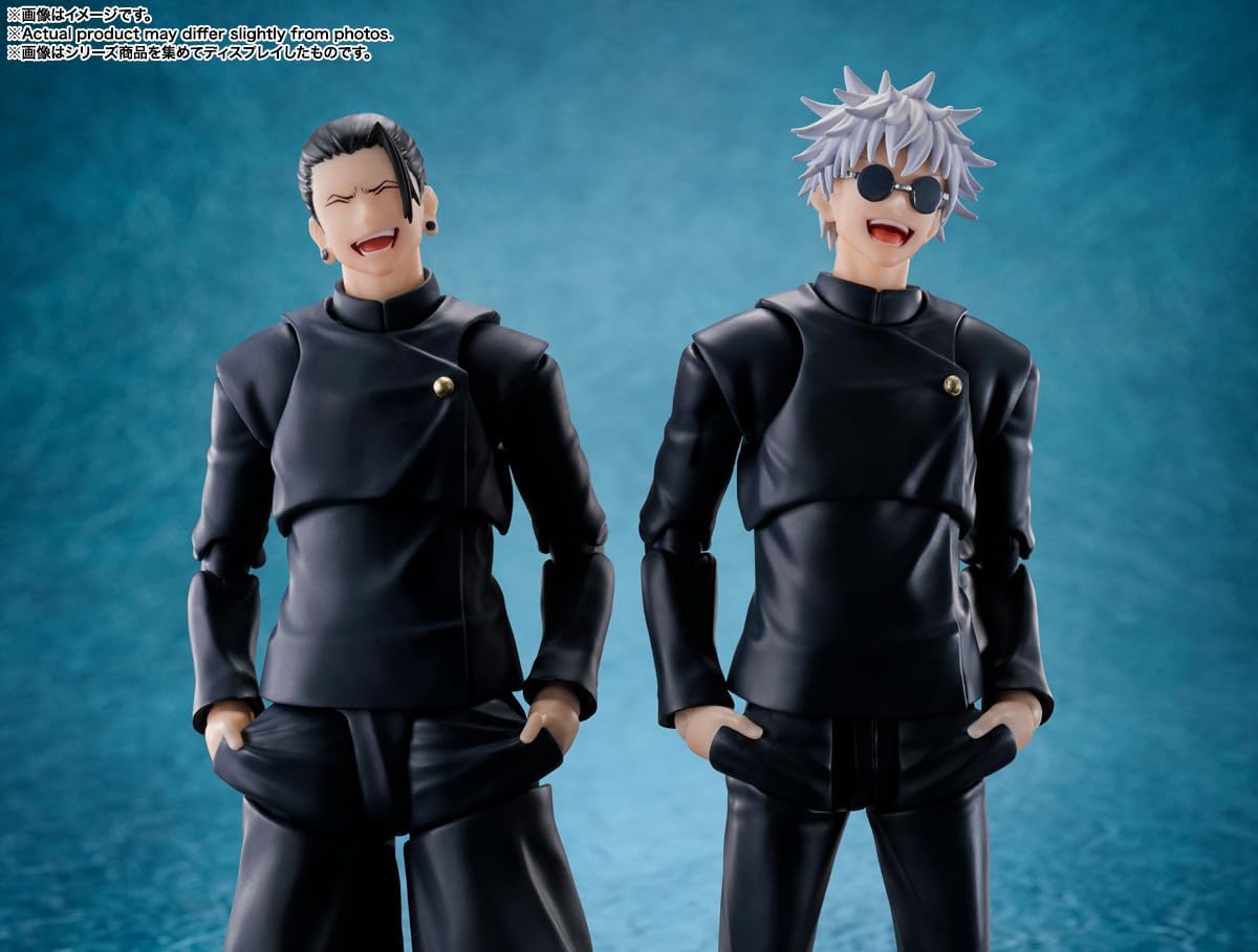 Two action figures in black outfits against a blue background Jujutsu Kaisen S.H.Figuarts Satoru Gojo Authentic 16cm Articulated Action Figure – Tokyo Jujutsu High School Edition scene