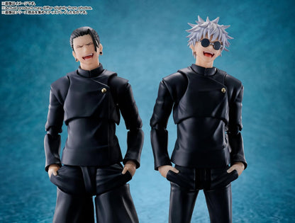 Two action figures in black outfits against a blue background Jujutsu Kaisen S.H.Figuarts Satoru Gojo Authentic 16cm Articulated Action Figure – Tokyo Jujutsu High School Edition scene