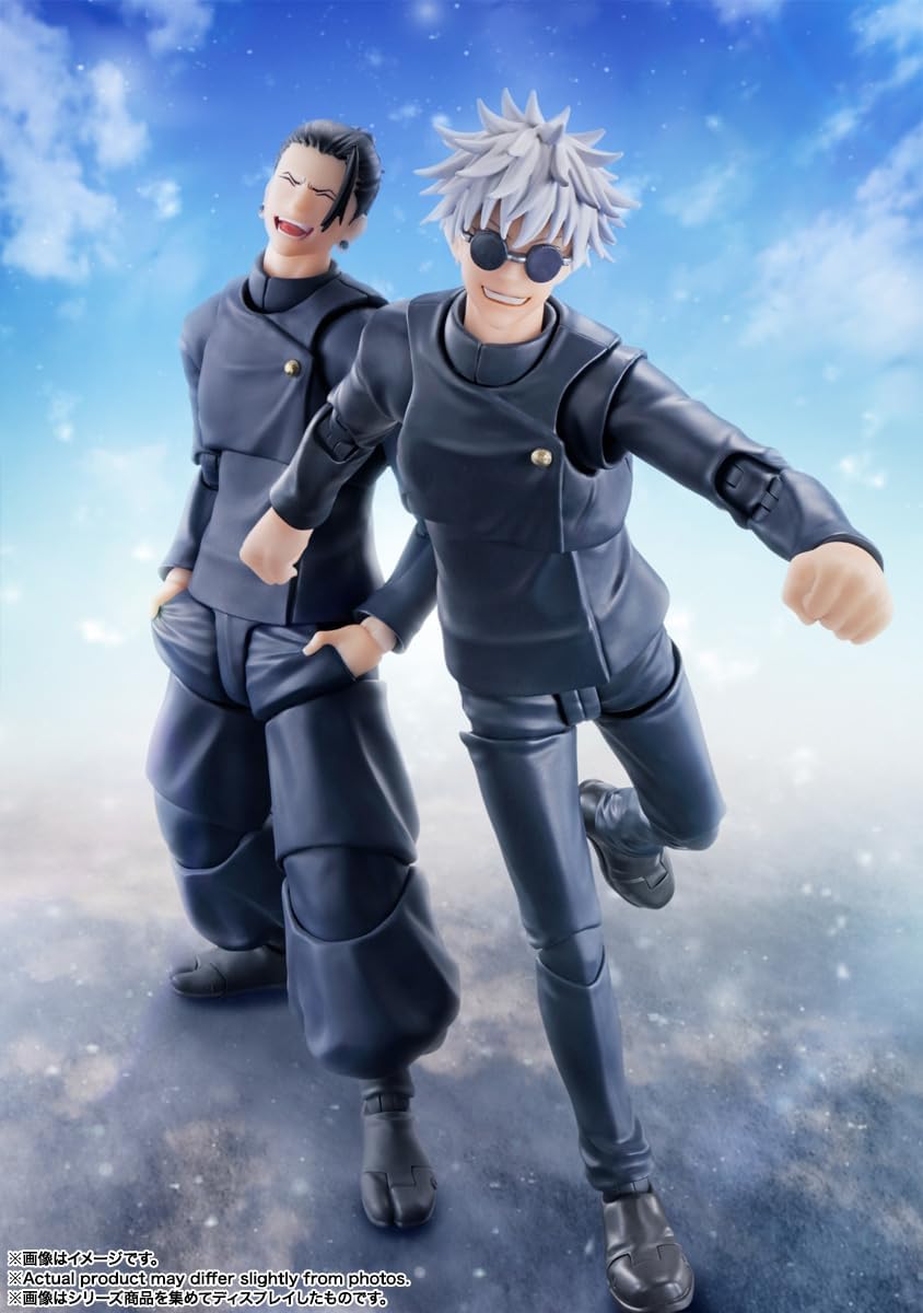 Two action figures in a dynamic pose against a blue sky background Jujutsu Kaisen S.H.Figuarts Satoru Gojo Authentic 16cm Articulated Action Figure – Tokyo Jujutsu High School Edition scene 2