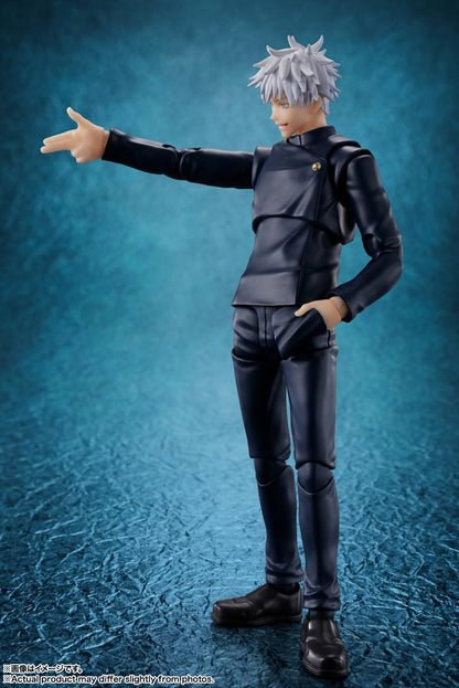 Action figure with white hair and black outfit against a blue background Jujutsu Kaisen S.H.Figuarts Satoru Gojo Authentic 16cm Articulated Action Figure – Tokyo Jujutsu High School Edition