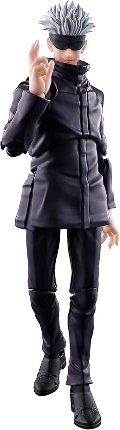 Action figure of a character in a dark outfit with a gray cap, pointing with one finger. Jujutsu Kaisen S.H.Figuarts Satoru Gojo Authentic 17cm Articulated Action Figure – Modern World's Strongest Sorcerer Edition