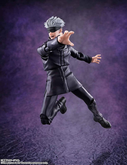 Action figure of a character in a black outfit against a purple background Jujutsu Kaisen S.H.Figuarts Satoru Gojo Authentic 17cm Articulated Action Figure – Modern World's Strongest Sorcerer Edition