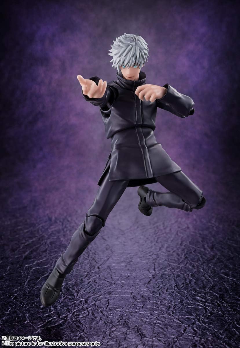 Action figure of a character in a dynamic pose against a textured purple background Jujutsu Kaisen S.H.Figuarts Satoru Gojo Authentic 17cm Articulated Action Figure – Modern World's Strongest Sorcerer Edition