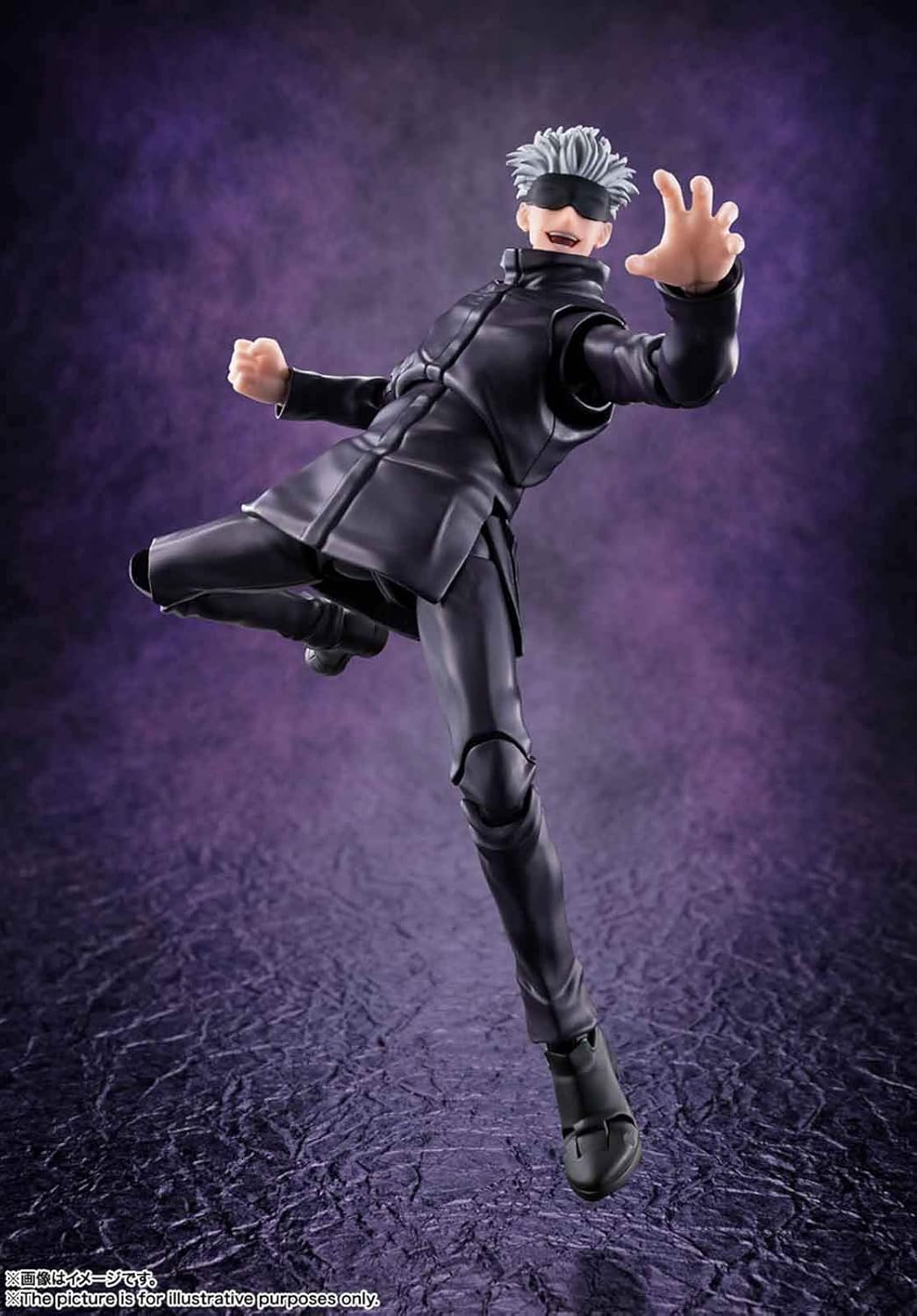 Action figure in dynamic pose against a textured purple background Jujutsu Kaisen S.H.Figuarts Satoru Gojo Authentic 17cm Articulated Action Figure – Modern World's Strongest Sorcerer Edition pose