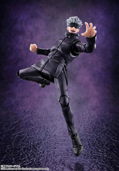 Action figure in dynamic pose against a textured purple background Jujutsu Kaisen S.H.Figuarts Satoru Gojo Authentic 17cm Articulated Action Figure – Modern World's Strongest Sorcerer Edition pose