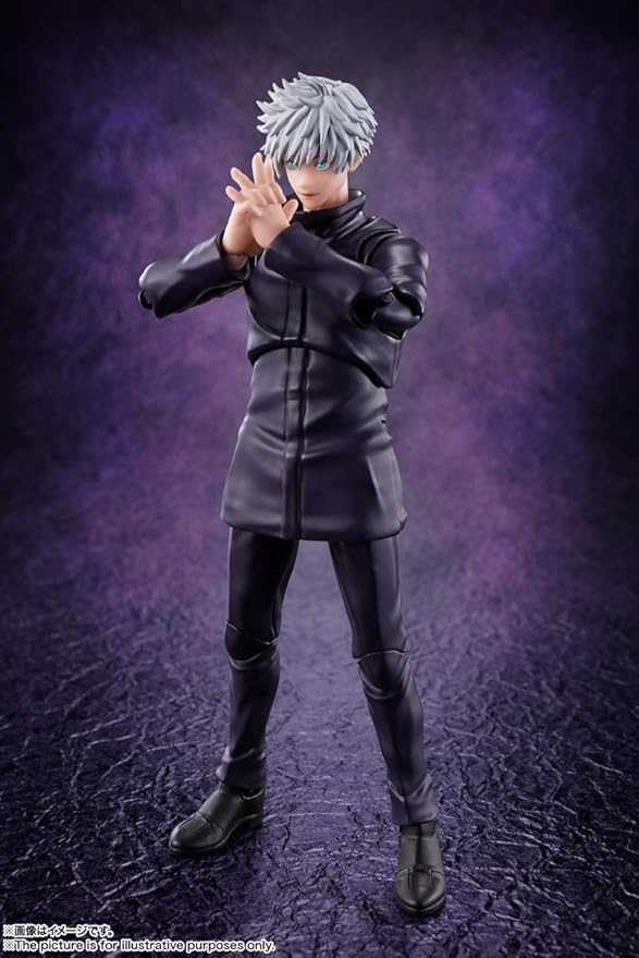 Action figure in a dynamic pose against a textured purple background Jujutsu Kaisen S.H.Figuarts Satoru Gojo Authentic 17cm Articulated Action Figure – Modern World's Strongest Sorcerer Edition