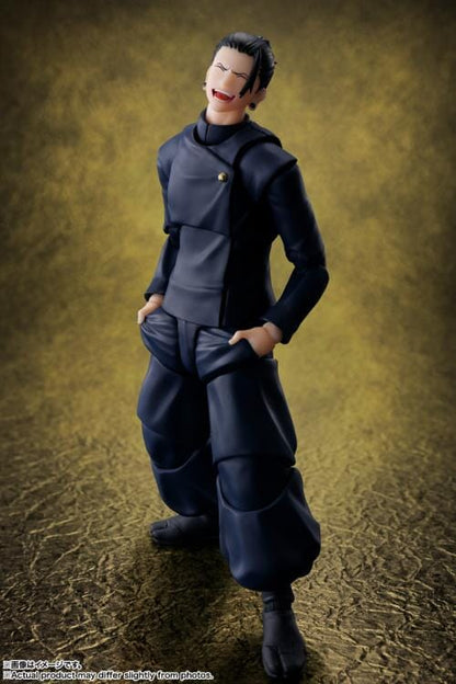 Action figure in dark outfit on a textured brown background Jujutsu Kaisen S.H.Figuarts Suguru Geto Authentic 15.5cm Articulated Action Figure – Tokyo Jujutsu High School Edition (Official Reissue)