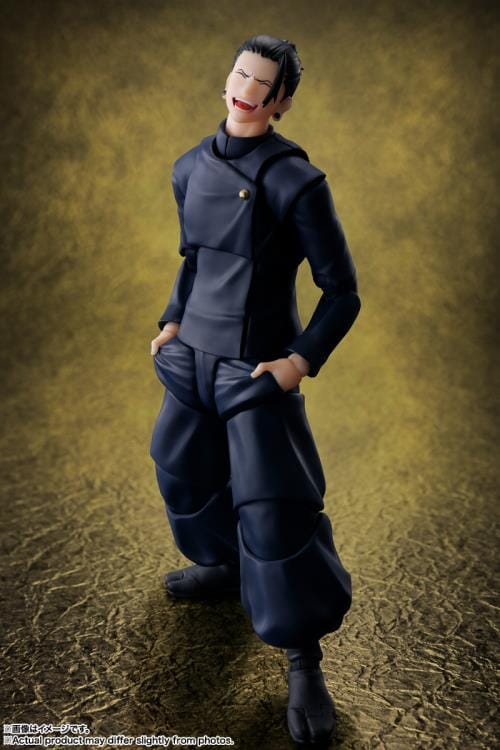 Action figure in dark outfit on a textured brown background Jujutsu Kaisen S.H.Figuarts Suguru Geto Authentic 15.5cm Articulated Action Figure – Tokyo Jujutsu High School Edition (Official Reissue)