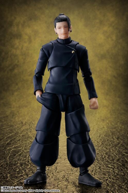 Action figure in black outfit on a textured brown background Jujutsu Kaisen S.H.Figuarts Suguru Geto Authentic 15.5cm Articulated Action Figure – Tokyo Jujutsu High School Edition (Official Reissue)