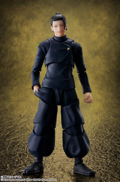 Action figure in black outfit on a textured brown background Jujutsu Kaisen S.H.Figuarts Suguru Geto Authentic 15.5cm Articulated Action Figure – Tokyo Jujutsu High School Edition (Official Reissue)