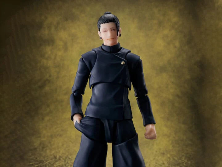 Action figure in black outfit against a textured brown background Jujutsu Kaisen S.H.Figuarts Suguru Geto Authentic 15.5cm Articulated Action Figure – Tokyo Jujutsu High School Edition (Official Reissue)