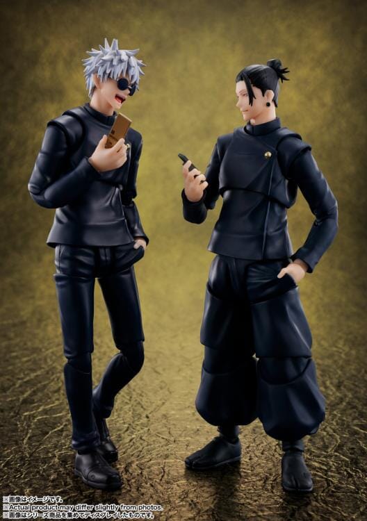 Two action figures in dark outfits against a brown background Jujutsu Kaisen S.H.Figuarts Suguru Geto Authentic 15.5cm Articulated Action Figure – Tokyo Jujutsu High School Edition (Official Reissue) duo