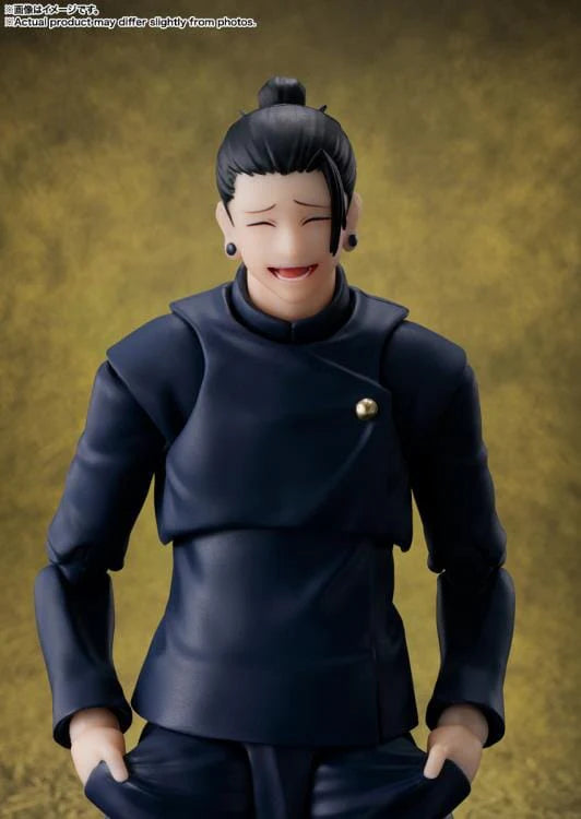 Figure of a character in dark blue outfit against a brown background Jujutsu Kaisen S.H.Figuarts Suguru Geto Authentic 15.5cm Articulated Action Figure – Tokyo Jujutsu High School Edition (Official Reissue)