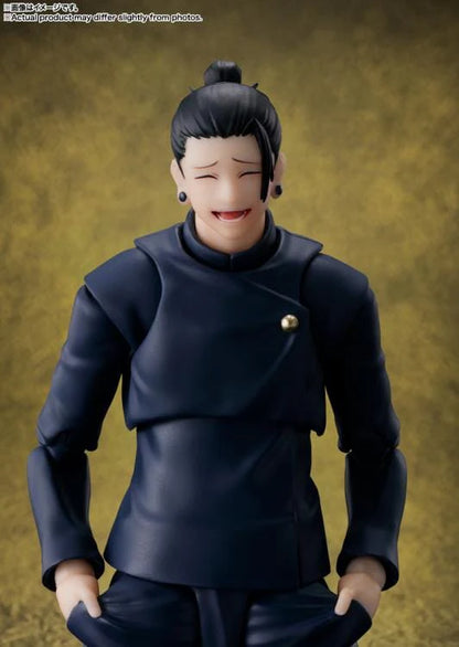 Figure of a character in dark blue outfit against a brown background Jujutsu Kaisen S.H.Figuarts Suguru Geto Authentic 15.5cm Articulated Action Figure – Tokyo Jujutsu High School Edition (Official Reissue)