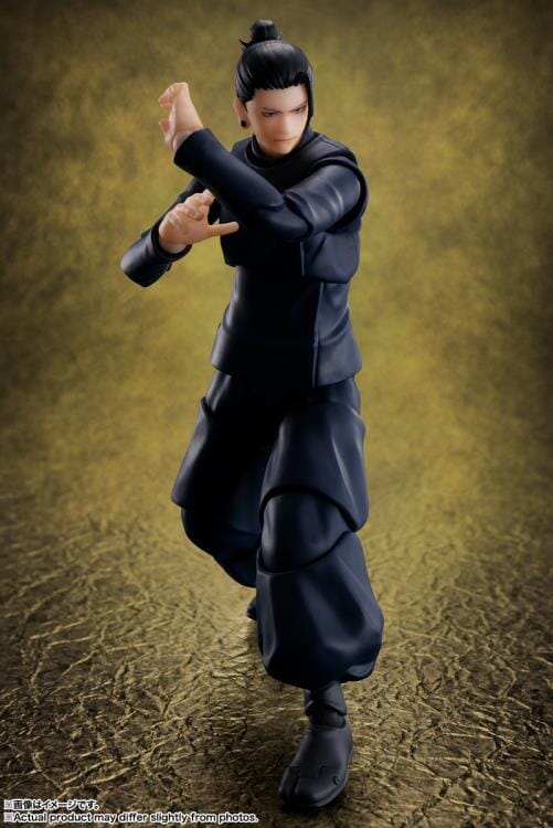 Action figure in black outfit on a textured brown background Jujutsu Kaisen S.H.Figuarts Suguru Geto Authentic 15.5cm Articulated Action Figure – Tokyo Jujutsu High School Edition (Official Reissue) 