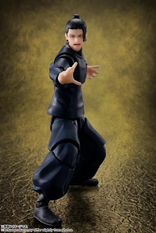 Action figure in a dynamic pose on a textured brown background Jujutsu Kaisen S.H.Figuarts Suguru Geto Authentic 15.5cm Articulated Action Figure – Tokyo Jujutsu High School Edition (Official Reissue)