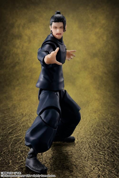 Action figure in a dynamic pose on a textured brown background Jujutsu Kaisen S.H.Figuarts Suguru Geto Authentic 15.5cm Articulated Action Figure – Tokyo Jujutsu High School Edition (Official Reissue)