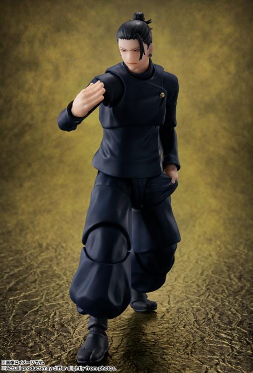Action figure in dark outfit on a textured gold background Jujutsu Kaisen S.H.Figuarts Suguru Geto Authentic 15.5cm Articulated Action Figure – Tokyo Jujutsu High School Edition (Official Reissue) side fight