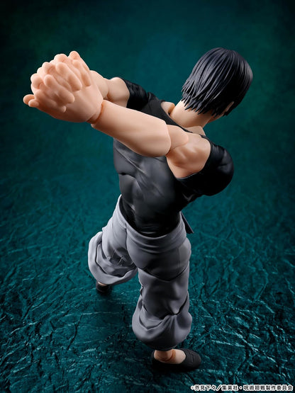Action figure of a character in a dynamic pose on a textured green background Jujutsu Kaisen S.H.Figuarts Toji Fushiguro Authentic 15cm Articulated Action Figure – Sorcerer Killer Hidden Inventory Edition back