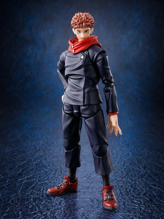 Action figure with a gray outfit and red accents on a dark blue textured background Jujutsu Kaisen S.H.Figuarts Yuji Itadori Authentic 15cm Articulated Action Figure – Original Standard First Edition