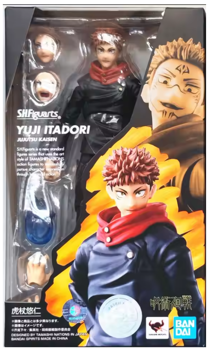 Action figure of Yuji Itadori from the anime 'Jujutsu Kaisen' in packaging with branding visible. Jujutsu Kaisen S.H.Figuarts Yuji Itadori Authentic 15cm Articulated Action Figure – Original Standard First Edition box