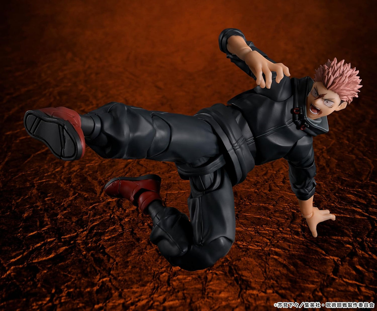Action figure of a character in a dynamic pose on a textured brown background Jujutsu Kaisen S.H.Figuarts Yuji Itadori Authentic 15cm Articulated Action Figure – Sukuna Vessel Edition