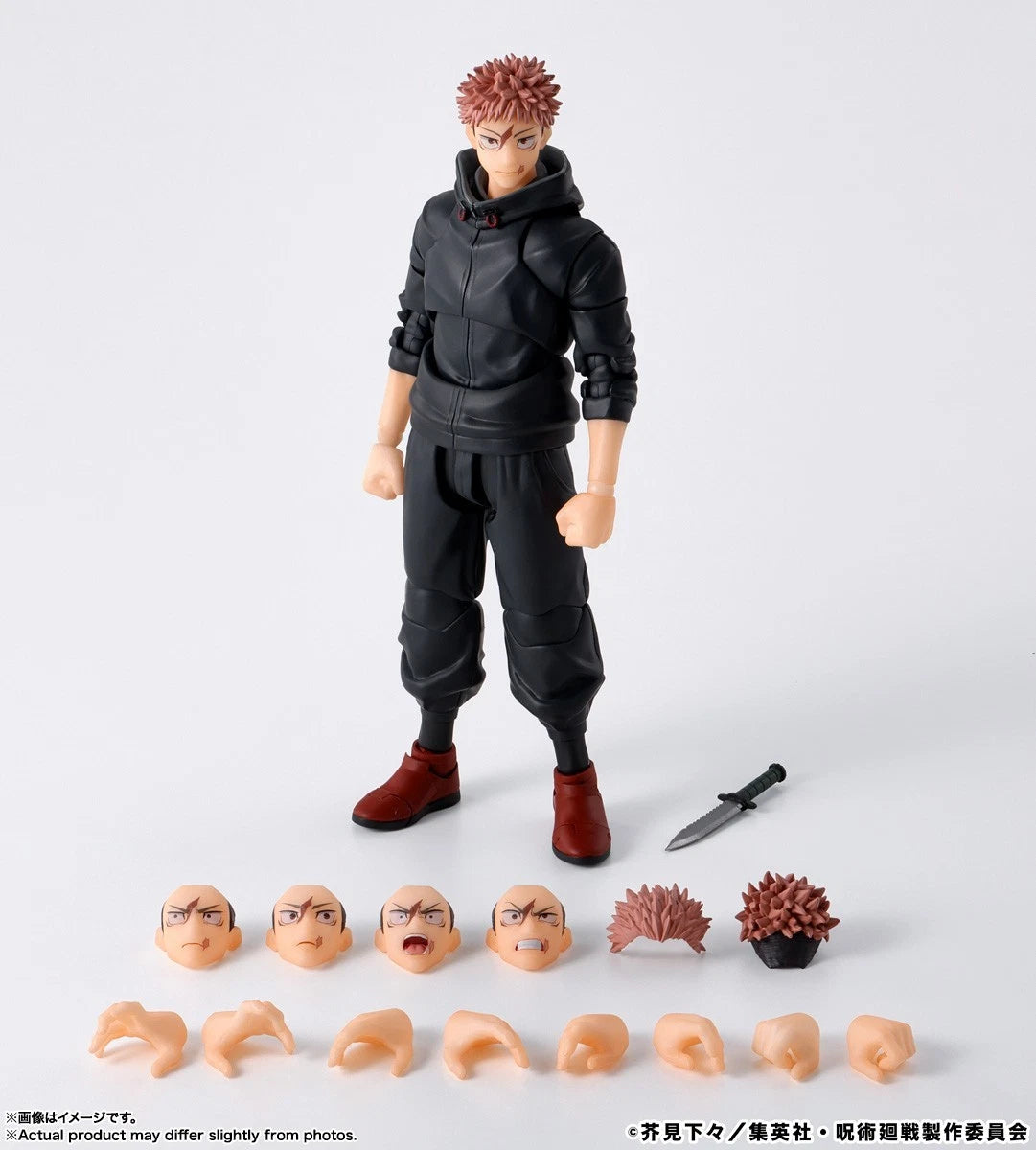 Action figure with interchangeable face parts on a white background Jujutsu Kaisen S.H.Figuarts Yuji Itadori Authentic 15cm Articulated Action Figure – Sukuna Vessel Edition