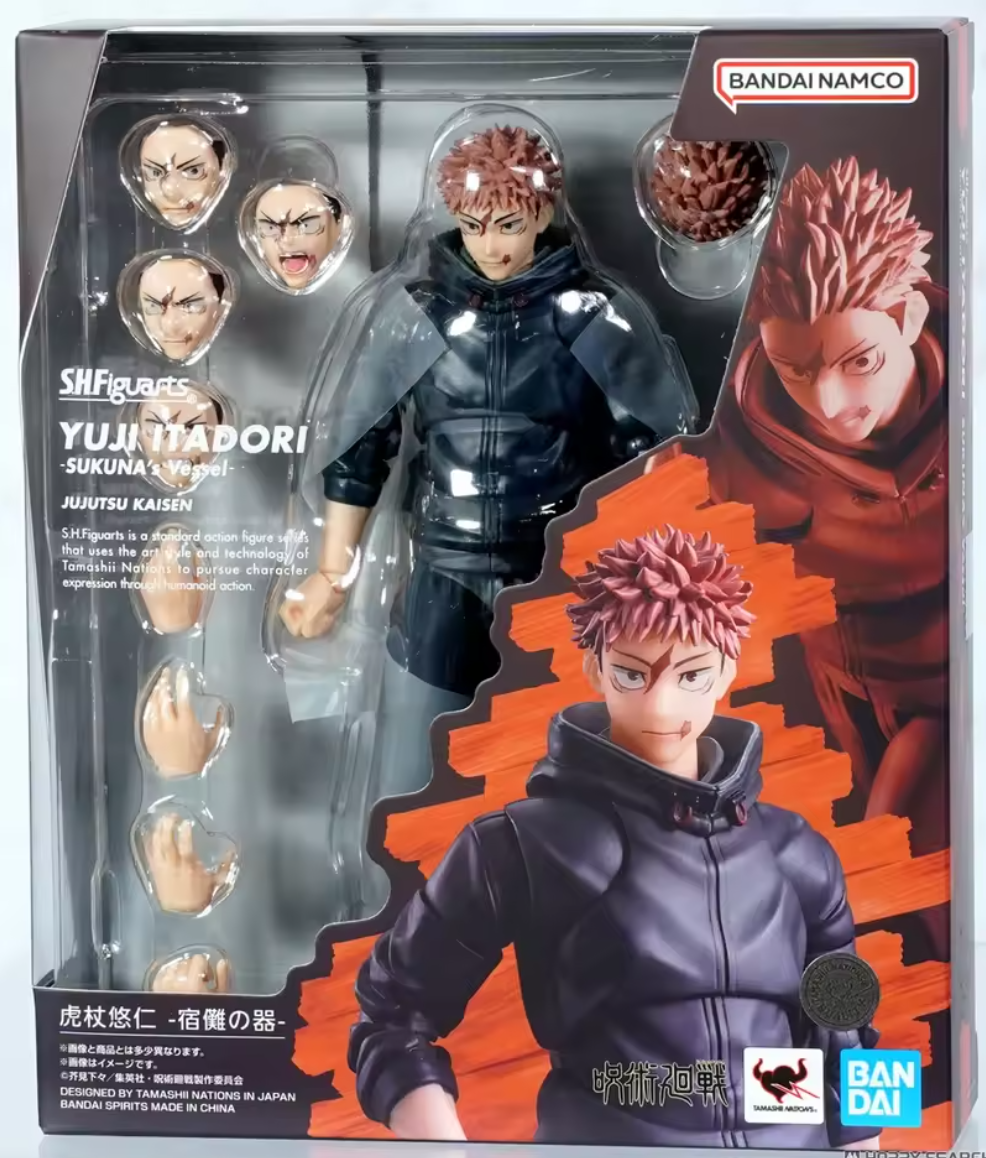 Action figure packaging with character images and Bandai Namco branding Jujutsu Kaisen S.H.Figuarts Yuji Itadori Authentic 15cm Articulated Action Figure – Sukuna Vessel Edition