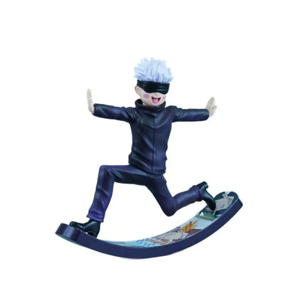 Toy figure of a character in a dark outfit with a blue hat on a white background Jujutsu Kaisen Satoru Gojo Authentic 6.6-Inch Playful Swing PVC Figure – Kinetic Rocking Base & Joyful Blindfold Edition