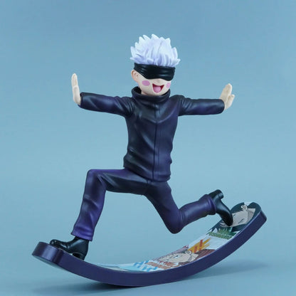 Action figure of a character in a dynamic pose on a blue background Jujutsu Kaisen Satoru Gojo Authentic 6.6-Inch Playful Swing PVC Figure – Kinetic Rocking Base & Joyful Blindfold Edition