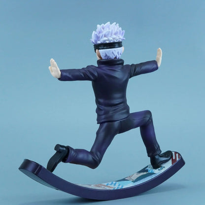Action figure of a character with white hair and blue outfit on a blue background Jujutsu Kaisen Satoru Gojo Authentic 6.6-Inch Playful Swing PVC Figure – Kinetic Rocking Base & Joyful Blindfold Edition side