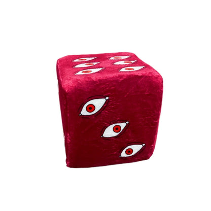 Red dice with eye designs on a white background Jujutsu Kaisen Satoru Gojo Prison Realm Authentic Plush Sponge Cube Figures – 2-Piece Activated State Set