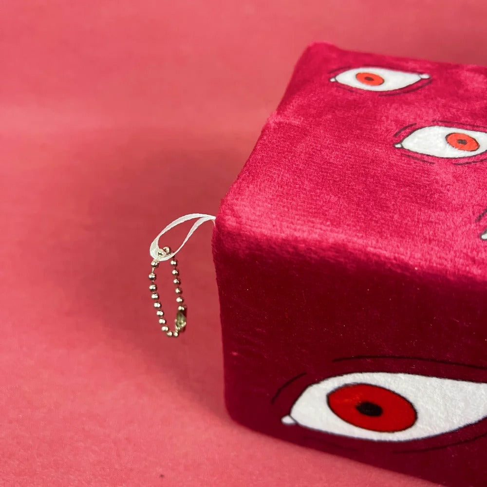 Red fabric block with cartoonish face design on a pink background Jujutsu Kaisen Satoru Gojo Prison Realm Authentic Plush Sponge Cube Figures – 2-Piece Activated State Set red
