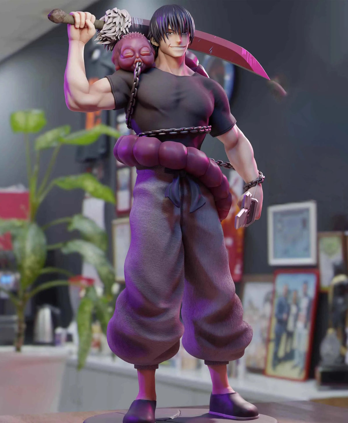 Action figure with a purple outfit and red weapon in an indoor setting Jujutsu Kaisen Toji Fushiguro Authentic 22cm Strongest Warrior PVC Figure – Sorcerer Killer Edition with Inventory Cursed Spirit and Weapon Arsenal closeup