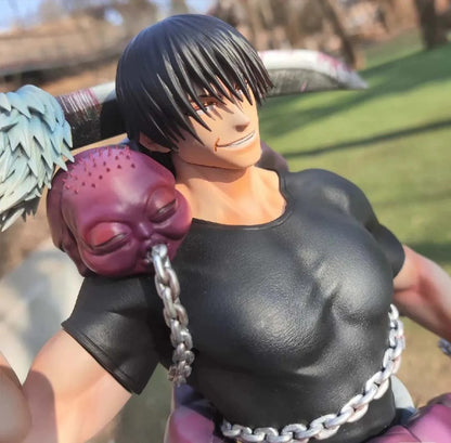 Action figure with a character holding a creature, outdoors Jujutsu Kaisen Toji Fushiguro Authentic 22cm Strongest Warrior PVC Figure – Sorcerer Killer Edition with Inventory Cursed Spirit and Weapon Arsenal face