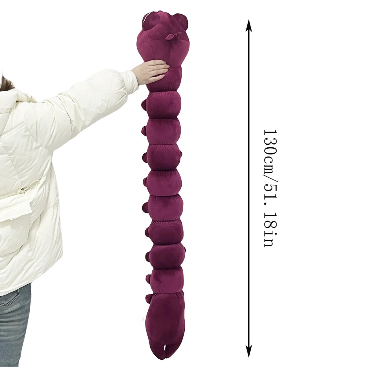 Person holding a long, segmented purple plush toy with measurement details on a white background Jujutsu Kaisen Toji Fushiguro Inventory Cursed Spirit Authentic Huggable Plush Doll – "Ugly Treasure" Special Grade Cosplay Companion & Room Decor Plush
